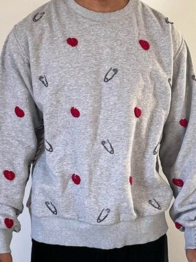One432 custom made Men's Grey Crewneck Sweater with Red Heart Accent